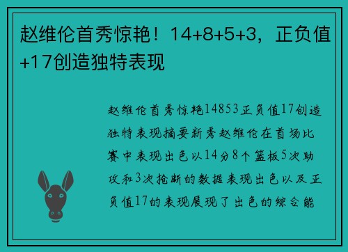 赵维伦首秀惊艳！14+8+5+3，正负值+17创造独特表现